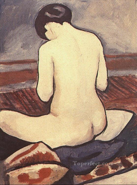 クッションを持って裸で座る シッツェンダー アクトミット・キッセン 表現者油絵